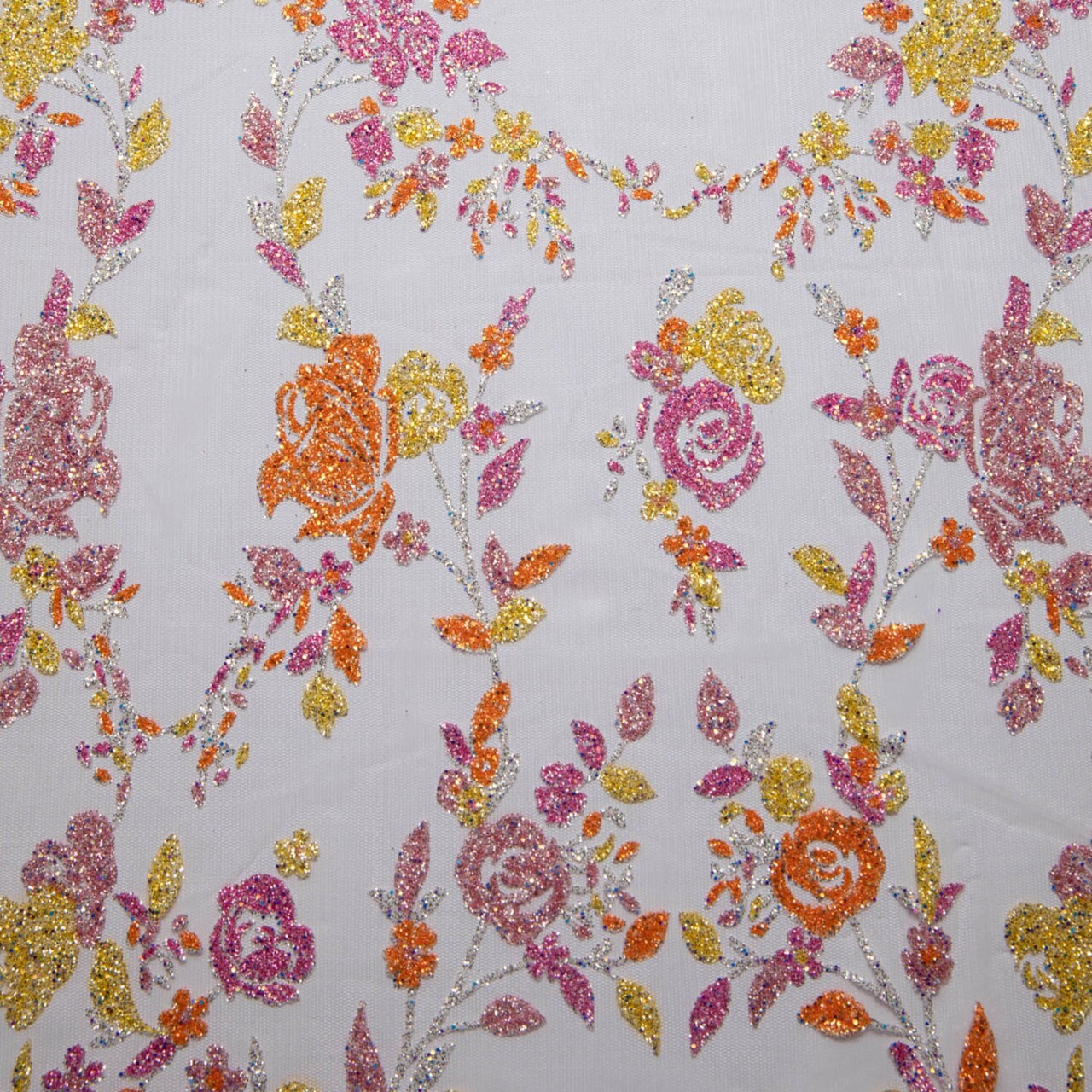 1 Yard Tulle Lace Fabric with Multicolor Glitter Floral Design, 58″ Wide